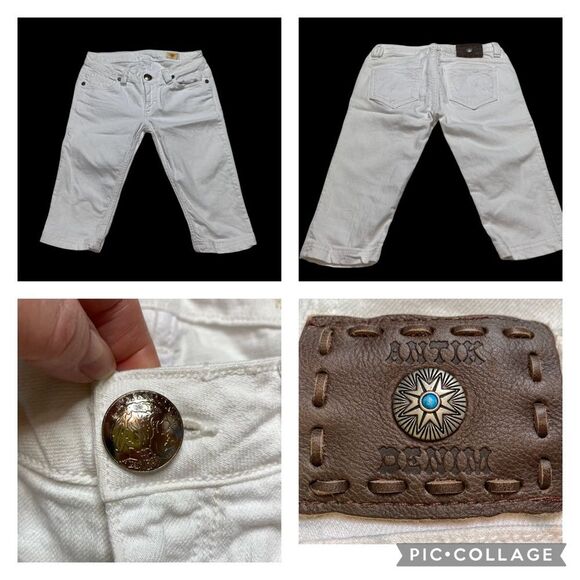 Antik Denim White Denim Shorts Southwest Style Patch & Trim Sz 27 - Picture 1 of 16